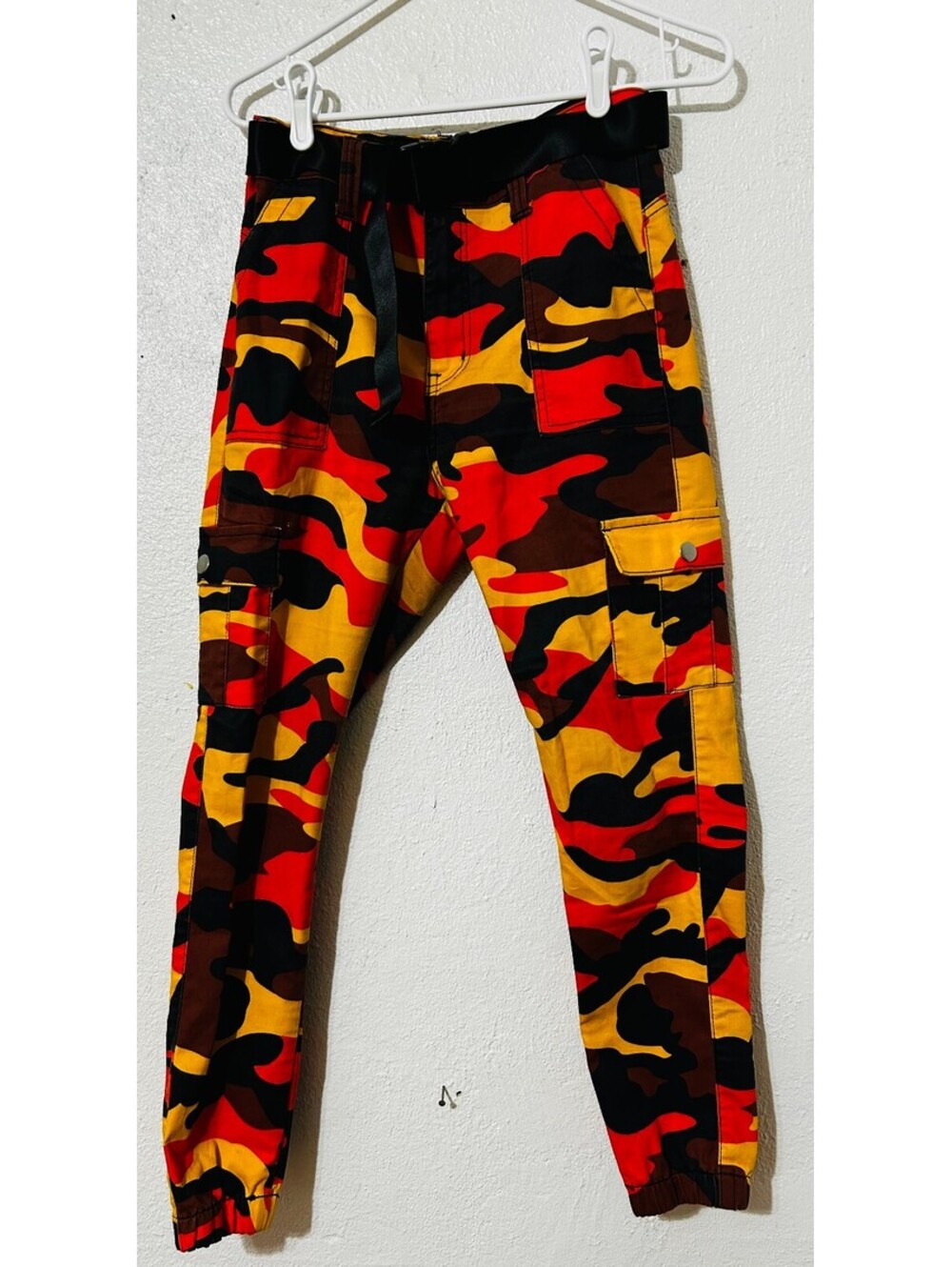 VIP Jeans Orange Camo Cargo Jogger Pants Size 11/30 Belted Streetwear Y2K Rave